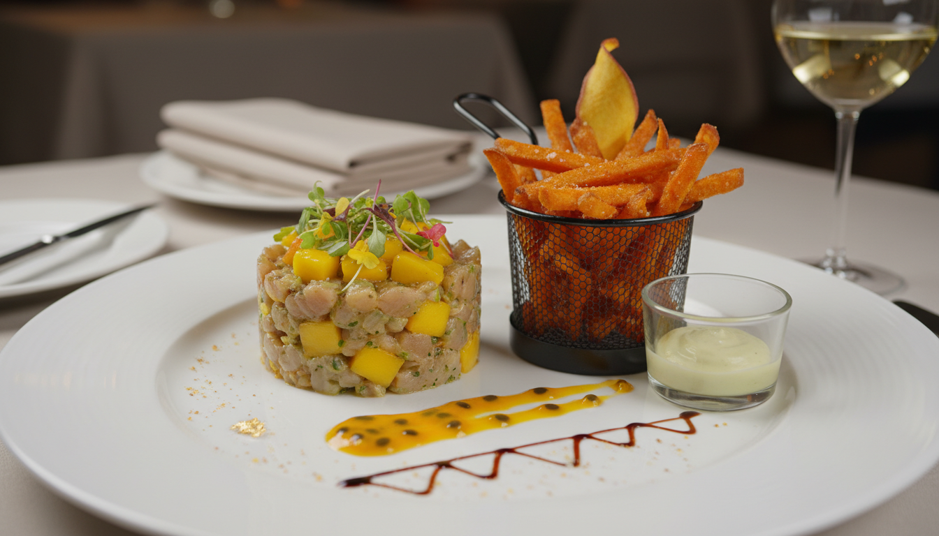 découvrez le tartare de daurade aux fruits, une recette surprenante alliant la fraîcheur délicate du poisson à la texture croustillante des frites pour une explosion de saveurs unique.