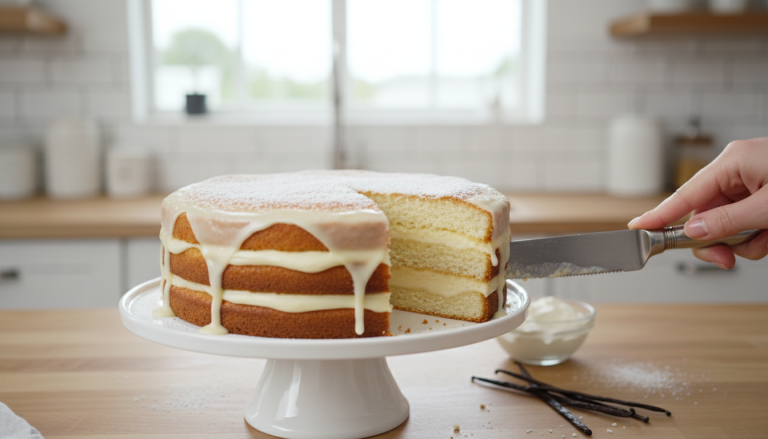 découvrez un miracle gourmand avec notre gâteau à la vanille en trois couches, réalisé avec une seule pâte versée. un délice moelleux et surprenant, prêt à émerveiller vos papilles dès la sortie du four.