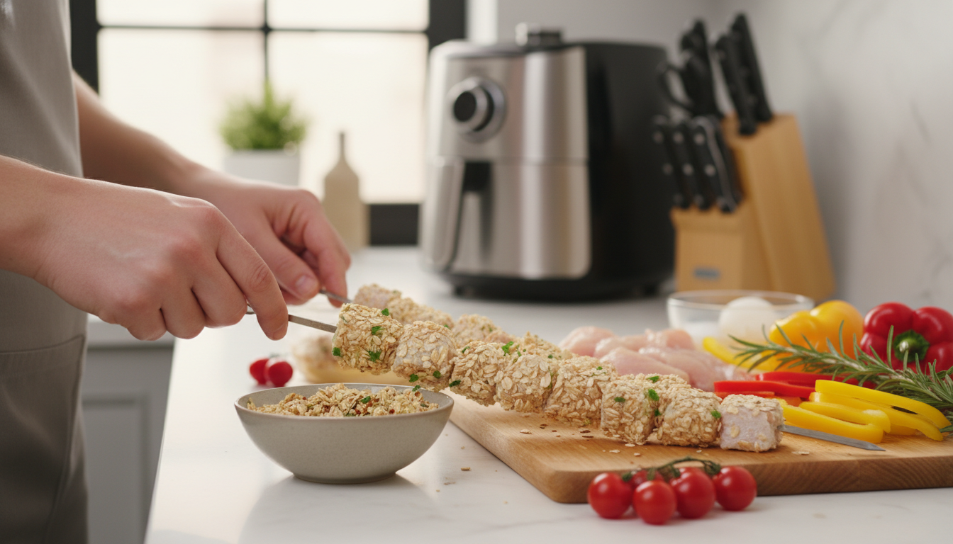 découvrez nos brochettes légères d’aiguillettes de poulet panées, servies avec une délicate sauce au fromage blanc aux fines herbes, pour un repas savoureux et équilibré.