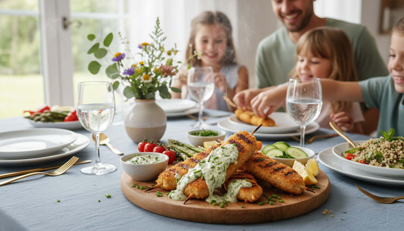 découvrez nos brochettes légères d’aiguillettes de poulet panées, servies avec une délicate sauce au fromage blanc aux fines herbes, pour un repas gourmand et équilibré.