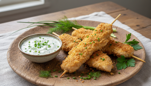 découvrez nos brochettes légères d’aiguillettes de poulet panées, servies avec une sauce au fromage blanc aux fines herbes, pour une repas savoureux et équilibré.
