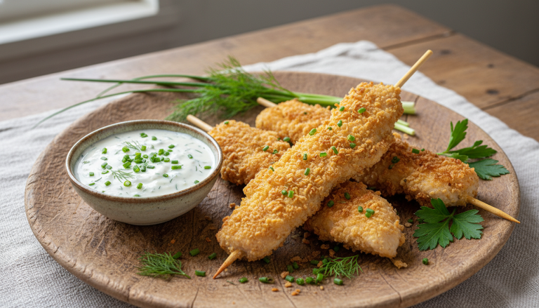 découvrez nos brochettes légères d’aiguillettes de poulet panées, servies avec une sauce au fromage blanc aux fines herbes, pour une repas savoureux et équilibré.