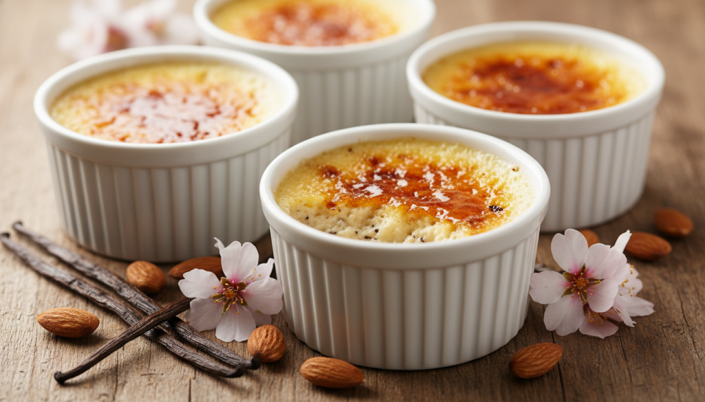 découvrez notre recette simple et gourmande de crème brûlée aérienne à l'amande et à la vanille, pour un dessert léger et délicieux qui ravira vos papilles.