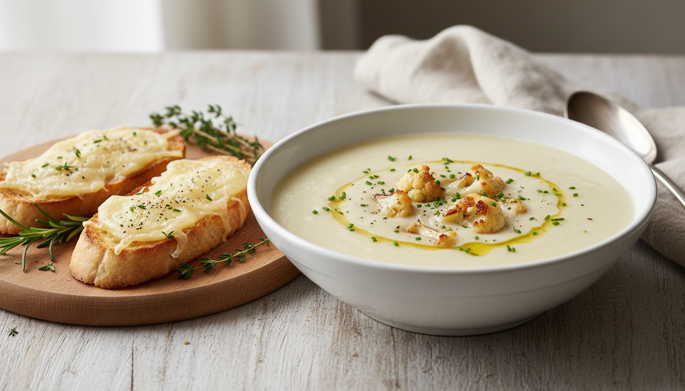découvrez notre délicieuse crème onctueuse de chou-fleur, servie avec une bruschetta gourmande au fromage, pour un repas savoureux et réconfortant.