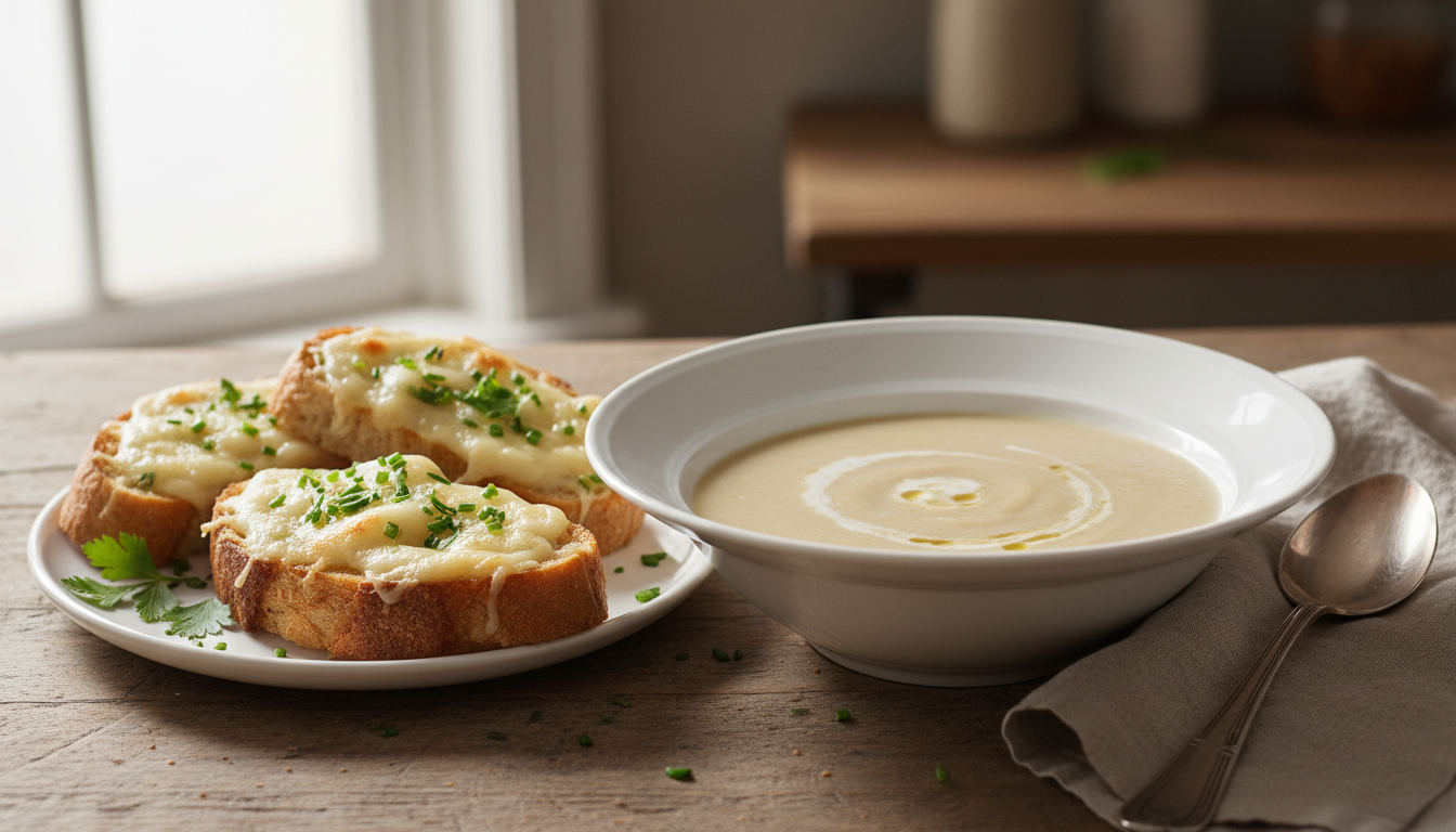 découvrez notre délicieuse crème onctueuse de chou-fleur, servie avec une bruschetta gourmande au fromage pour un équilibre parfait en saveurs.