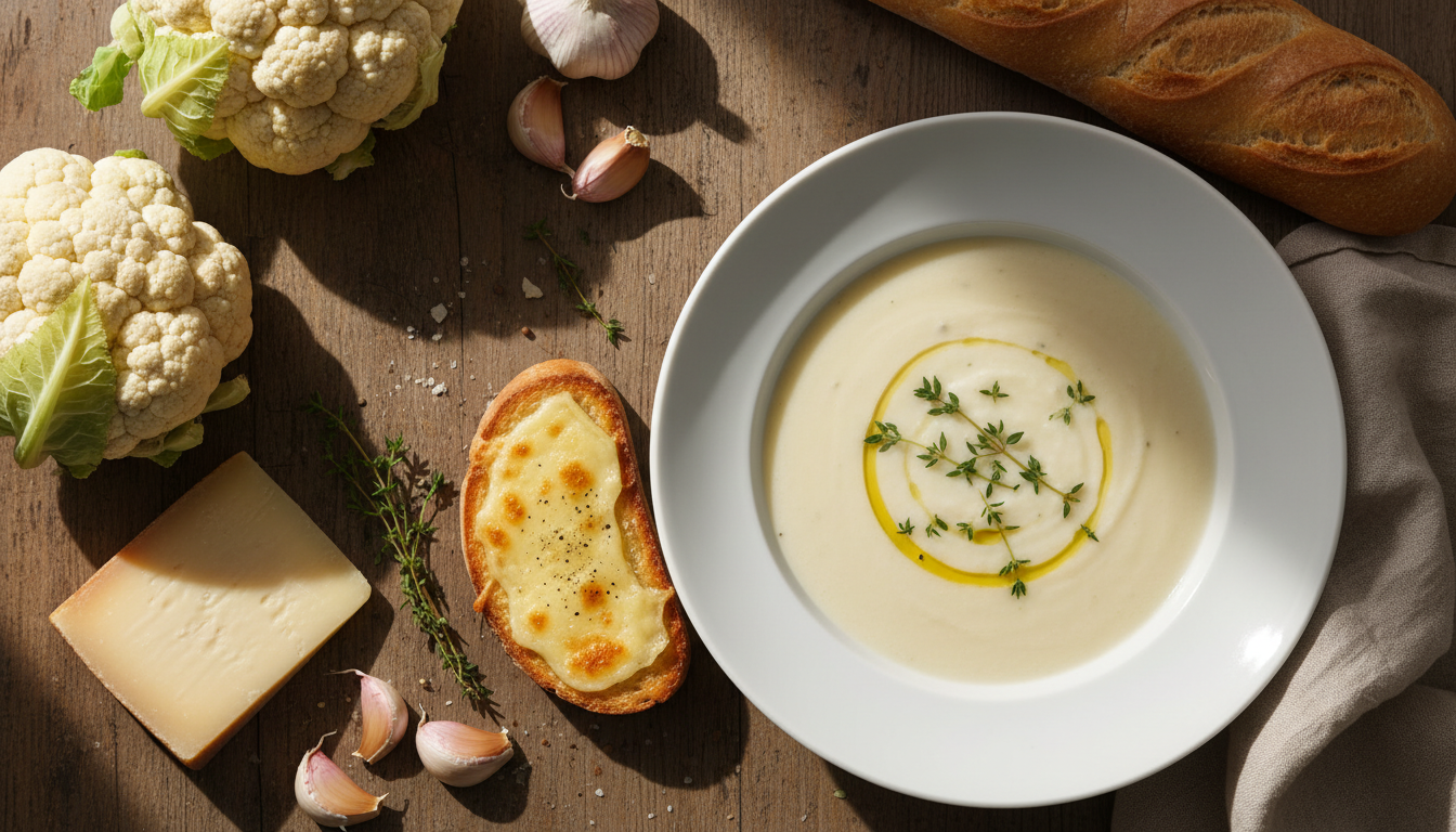découvrez une délicieuse crème onctueuse de chou-fleur, accompagnée d'une bruschetta gourmande au fromage, parfaite pour une entrée savoureuse et raffinée.