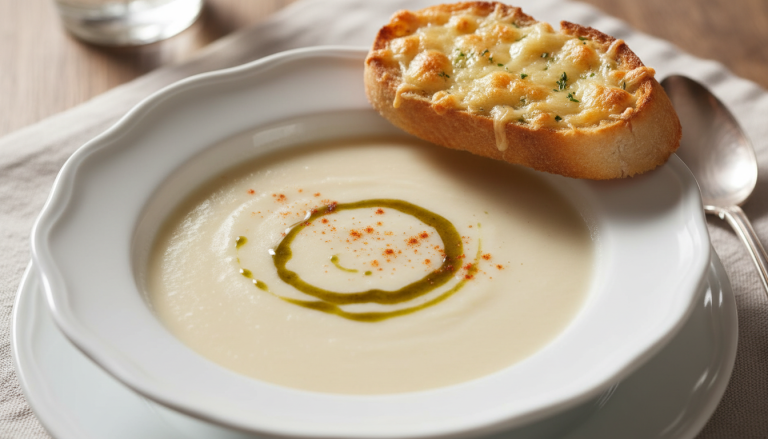 découvrez notre crème onctueuse de chou-fleur, délicatement accompagnée d’une bruschetta gourmande garnie de fromage fondant, pour une explosion de saveurs en bouche.