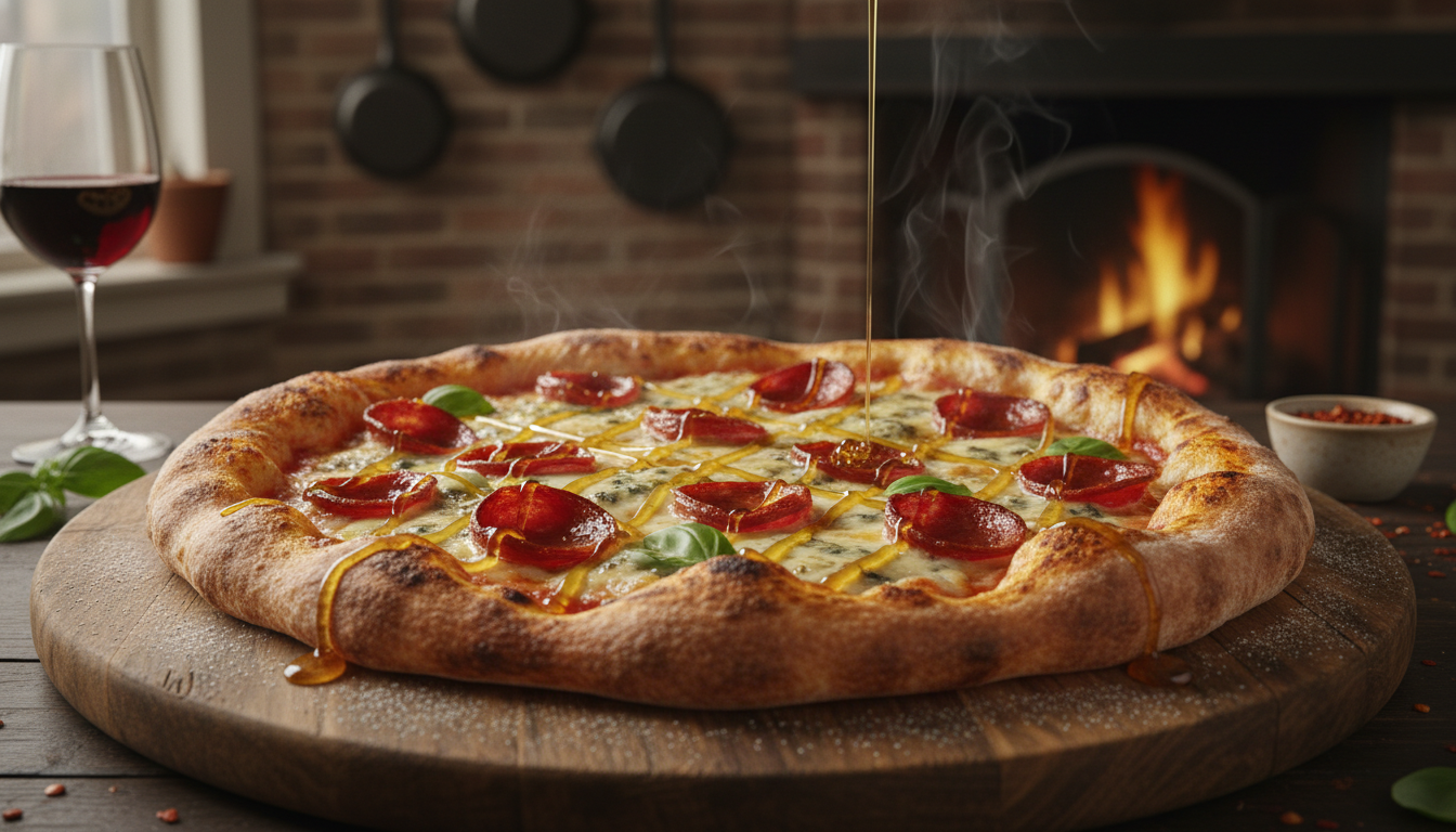 découvrez la pizza délice croquant, une délicieuse combinaison de bleu fondu crémeux et de chorizo épicé pour une explosion de saveurs à chaque bouchée.