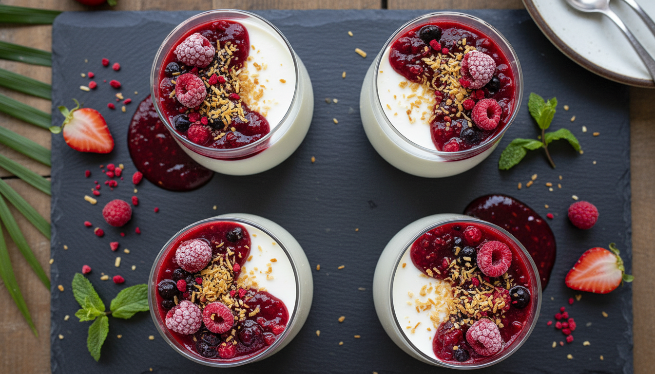 savourez notre panna cotta aux fruits rouges et noix de coco, un délice exotique à la fois léger et gourmand, parfait pour toutes les occasions.