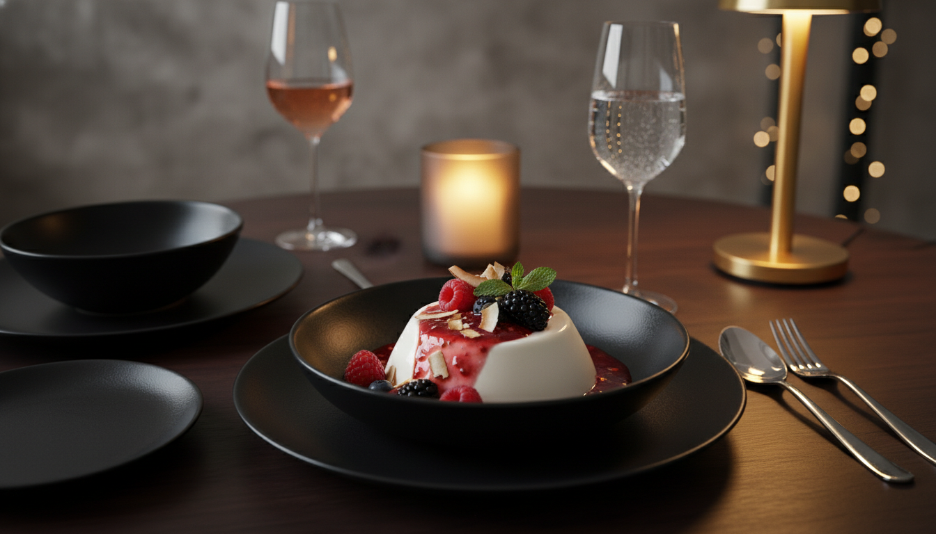 savourez notre délice exotique : une panna cotta onctueuse aux fruits rouges frais et à la noix de coco, un dessert frais et gourmand à déguster sans modération.