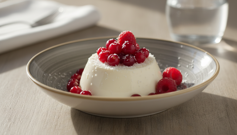 savourez notre délice exotique : une panna cotta onctueuse aux fruits rouges frais et noix de coco, un dessert léger et gourmand à déguster sans modération.