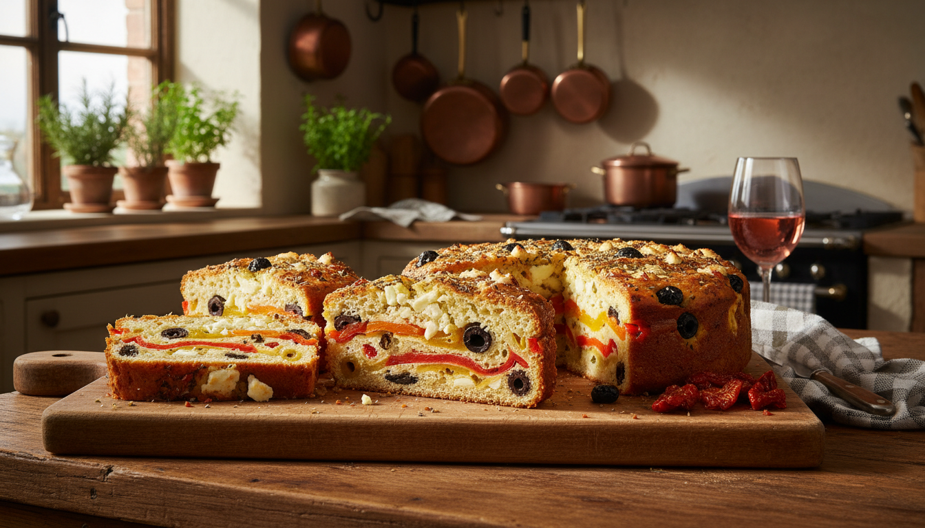 découvrez le délice méditerranéen, un cake savoureux aux trois poivrons colorés, olives noires généreuses et fromage de brebis fondant, parfait pour vos apéritifs et repas gourmands.