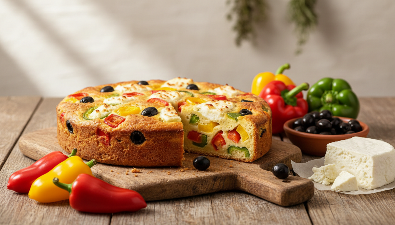découvrez notre recette savoureuse de cake méditerranéen aux trois poivrons, olives noires et fromage de brebis, parfaite pour un repas gourmand et coloré.