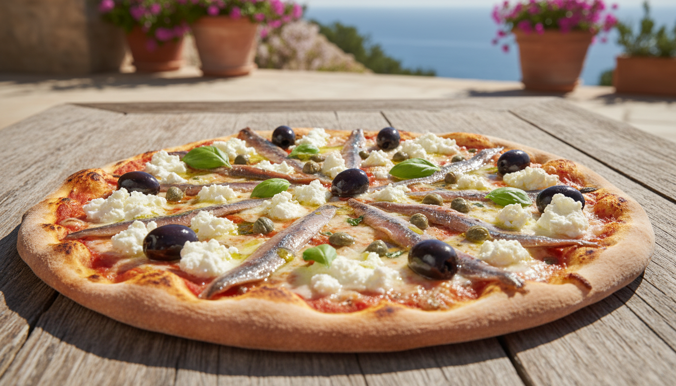 découvrez notre pizza délice méditerranéen, alliant le fromage de chèvre frais et les saveurs authentiques de majorque pour une expérience gustative inoubliable.