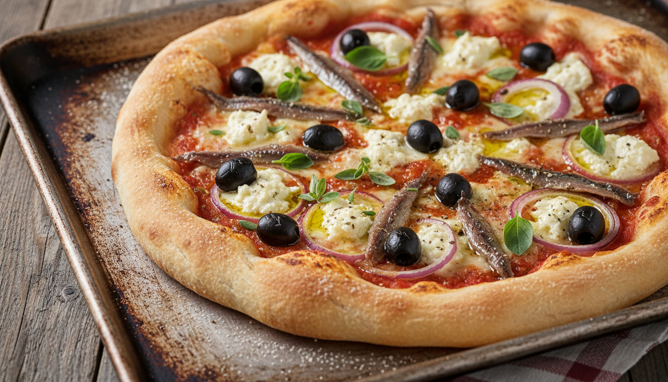 savourez une pizza méditerranéenne unique avec du fromage de chèvre frais et des saveurs authentiques de majorque, alliant tradition et gourmandise.