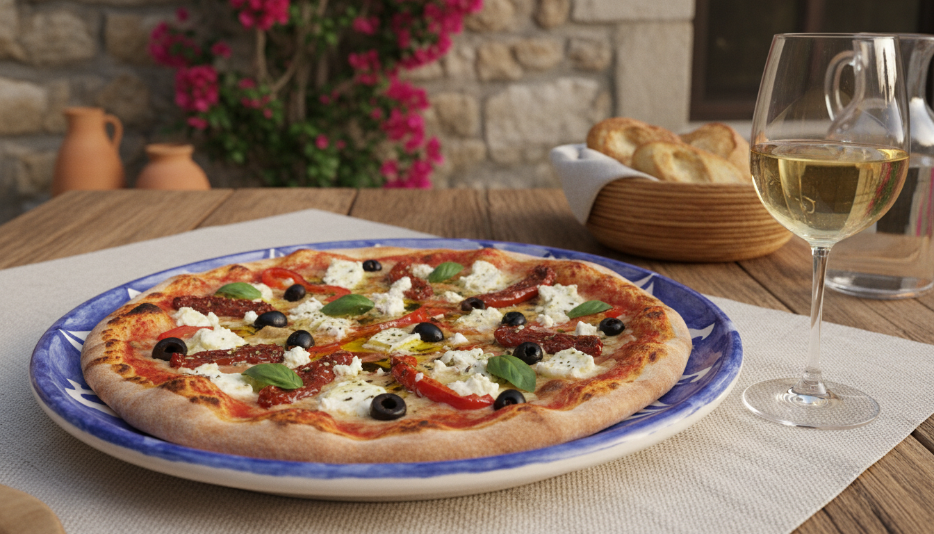 savourez une délicieuse pizza au fromage de chèvre frais, agrémentée des saveurs authentiques de majorque pour un délice méditerranéen unique.