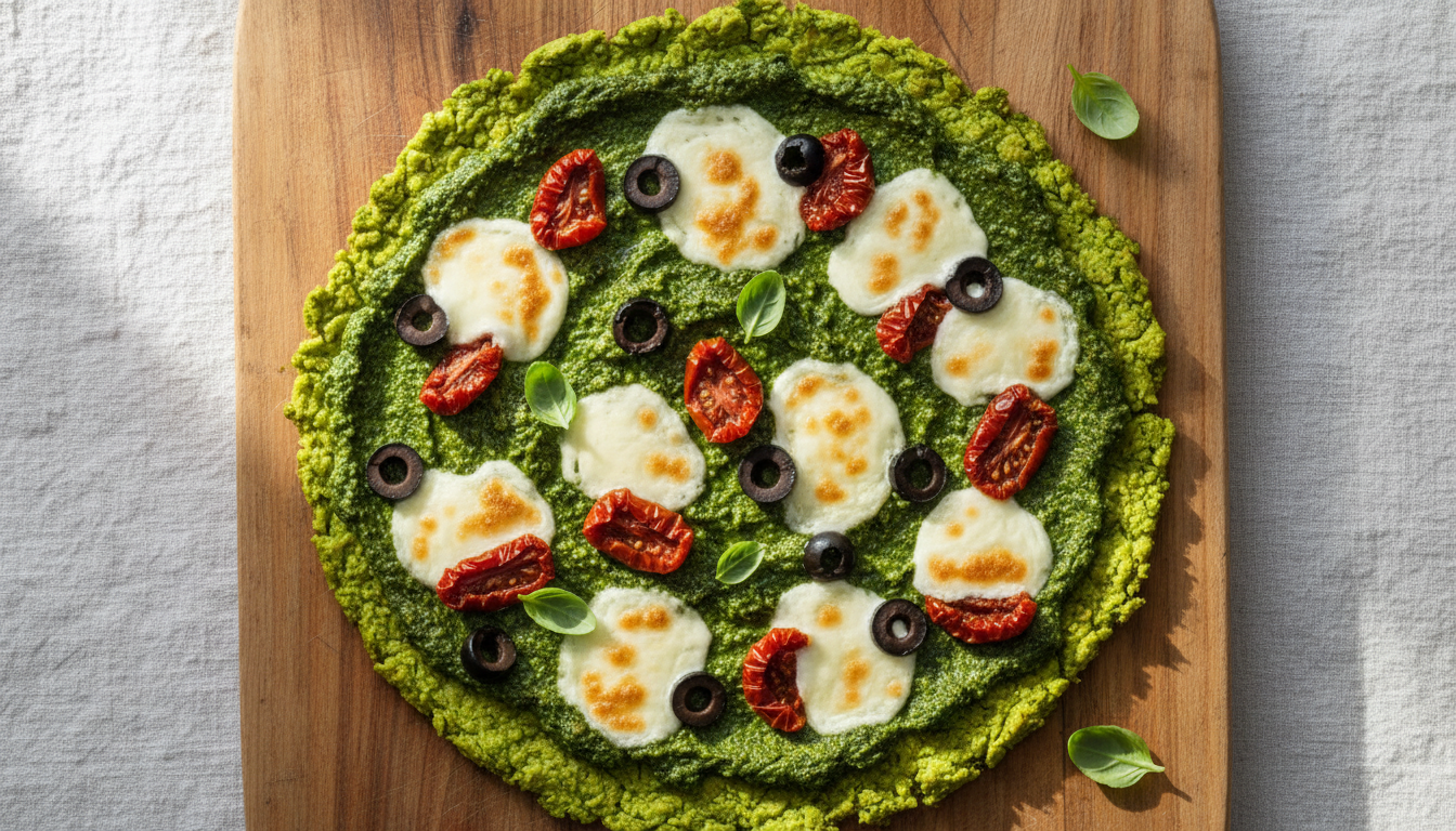 découvrez délice vert, une pizza légère et savoureuse avec une croûte de brocoli croustillante, garnie d'un pesto d'épinards frais pour un repas sain et gourmand.