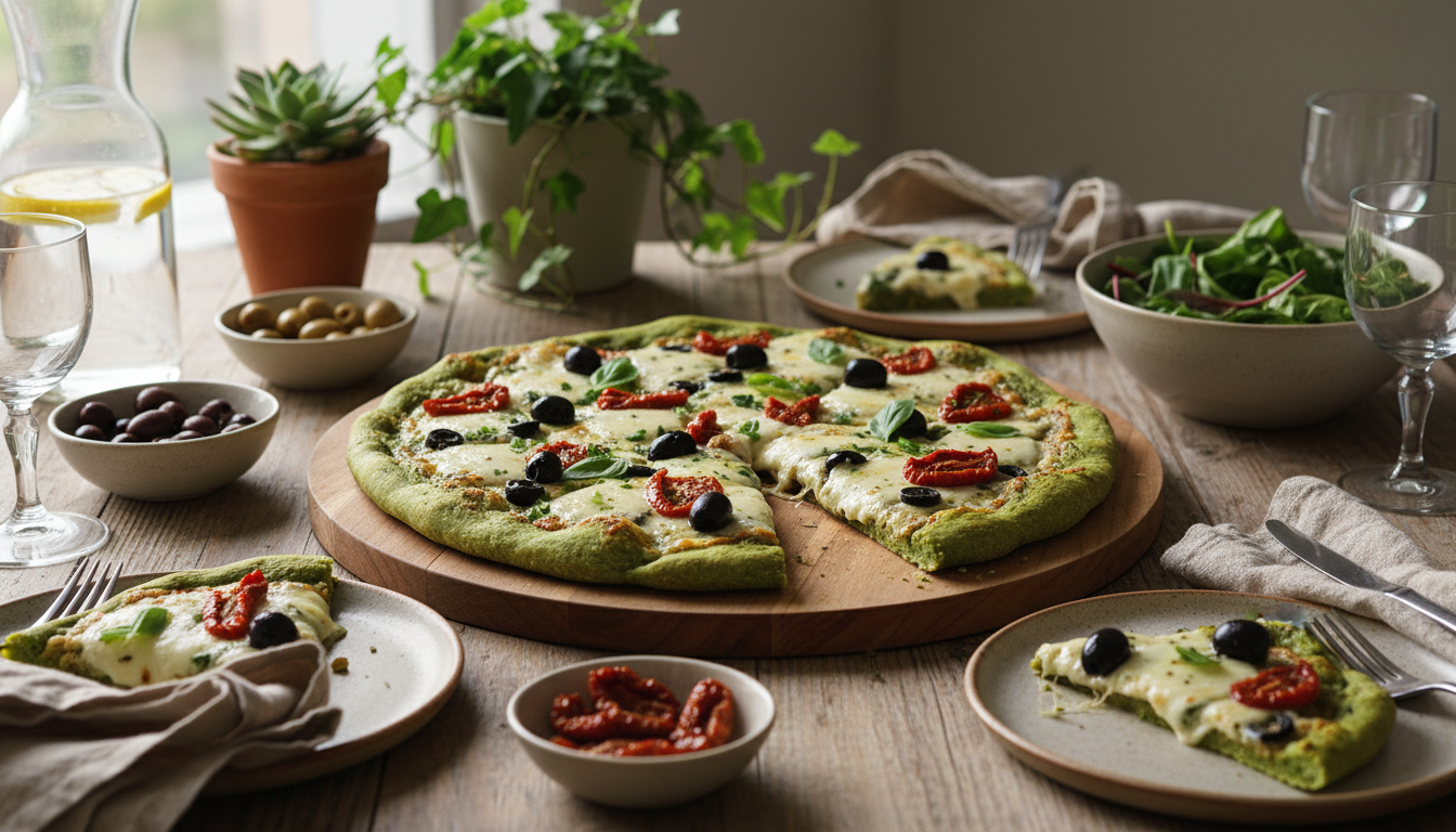 découvrez délice vert, une pizza légère et savoureuse avec une croûte de brocoli croustillante, garnie d'un pesto frais d'épinards pour un repas sain et délicieux.