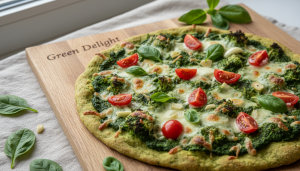 découvrez délice vert, une pizza légère et gourmande au pesto d'épinards frais, posée sur une croûte croustillante de brocoli, pour une expérience saine et savoureuse.
