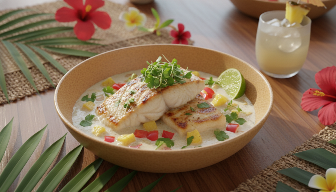 découvrez notre délice de cabillaud fondant nappé de lait de coco onctueux et parsemé d'éclats d'ananas tropical pour une explosion de saveurs exotiques et raffinées.