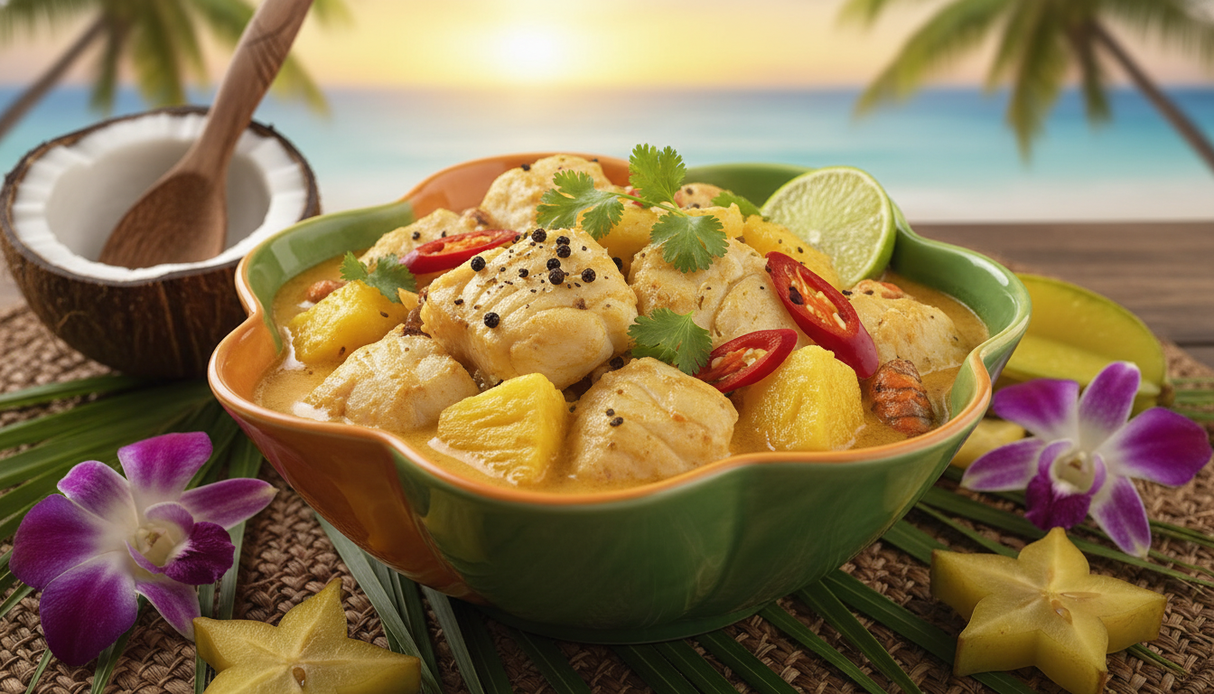 découvrez notre délice de cabillaud fondant, délicatement cuisiné au lait de coco et agrémenté d'éclats d'ananas tropical pour une explosion de saveurs exotiques.