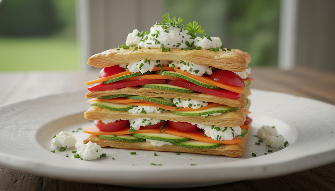 découvrez une recette gourmande de millefeuille aux légumes colorés et chèvre frais, alliant fraîcheur et saveurs authentiques pour un plat léger et savoureux.