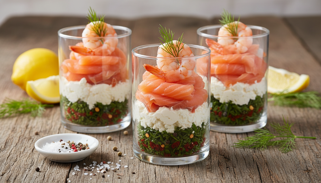 découvrez une recette gourmande de verrines au saumon fumé, crevettes et fromage frais, parfaite pour un apéritif raffiné et facile à réaliser.