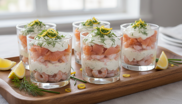 découvrez une recette gourmande de verrines au saumon fumé et crevettes, associées à un fromage frais onctueux, parfaite pour un apéritif raffiné et frais.