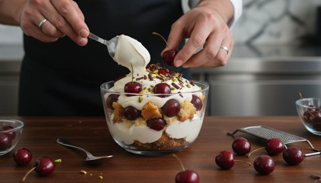 découvrez notre trifle aux cerises enrobées d’un sirop délicat, une douceur légère et fruitée parfaite pour un dessert raffiné et gourmand.