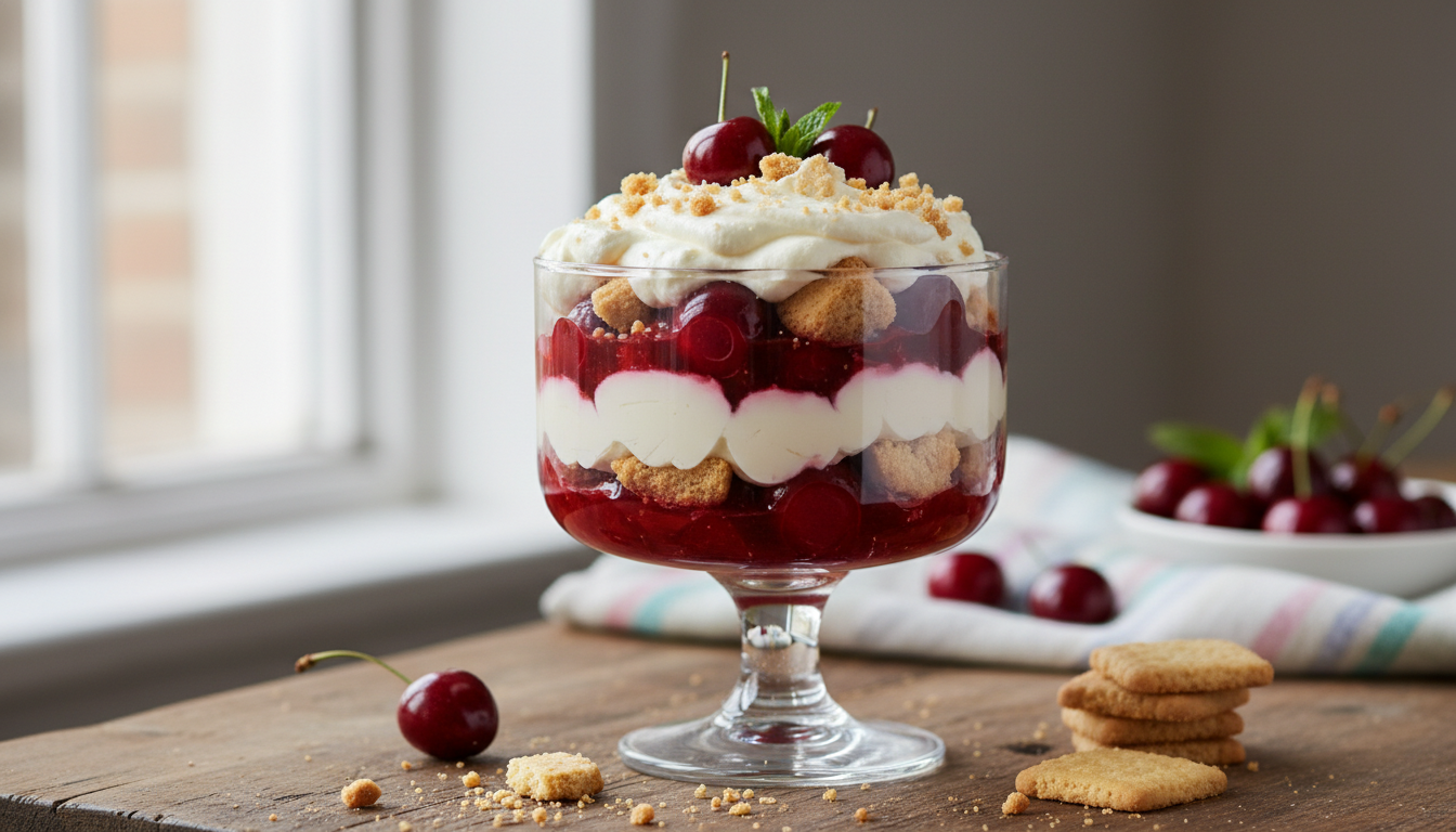 découvrez notre trifle aux cerises enrobées de sirop délicat, un dessert léger et gourmand parfait pour toutes les occasions.