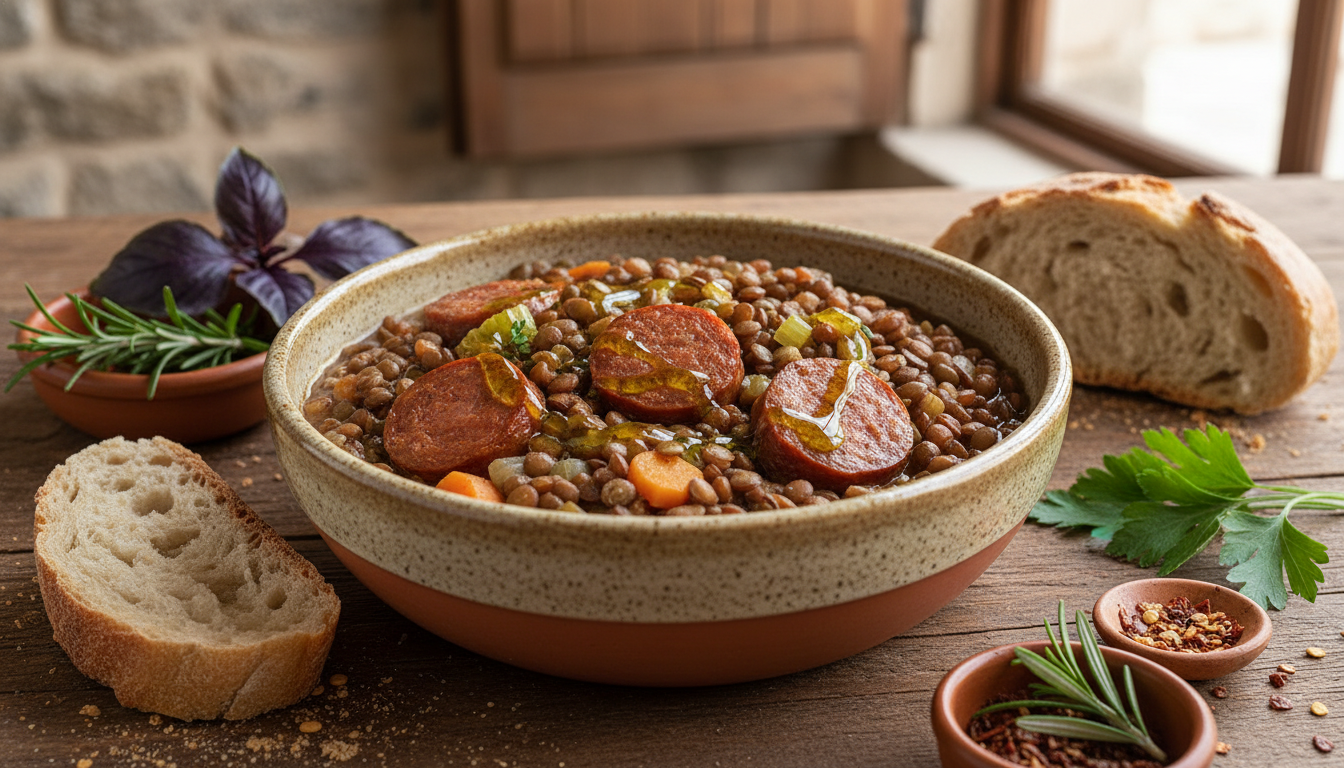 découvrez notre recette saine et savoureuse de mijoté léger de lentilles parfumé au figatellu, un plat équilibré alliant tradition et gourmandise.