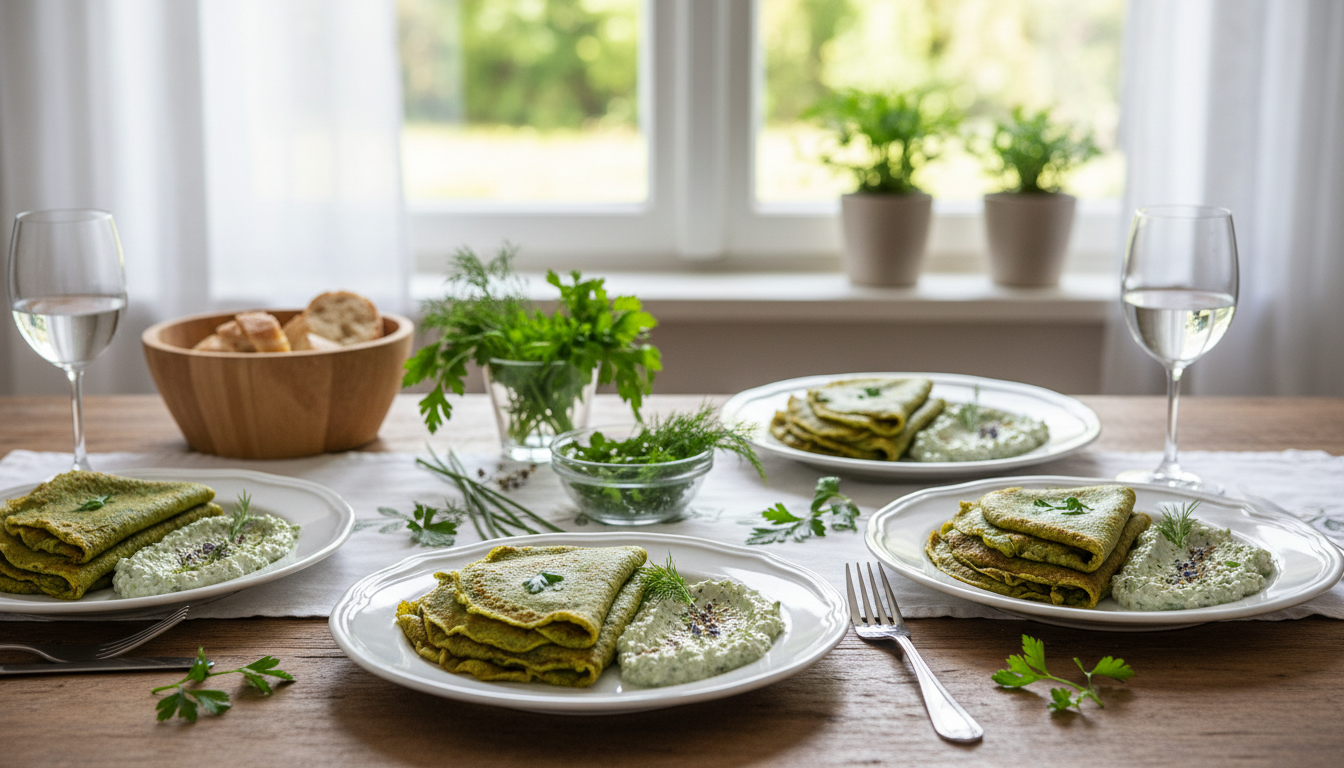 découvrez les délices verts : des crêpes aux épinards légères et savoureuses, accompagnées d'une tartinade végétale aux herbes de provence, pour une pause gourmande et saine.