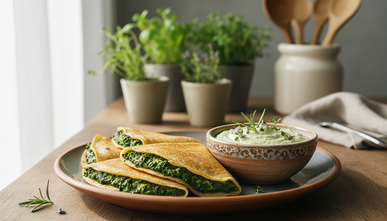 découvrez délices verts, des crêpes savoureuses aux épinards accompagnées d'une tartinade végétale parfumée aux herbes de provence, pour une pause gourmande et saine.