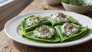 découvrez délices verts : des crêpes aux épinards savoureuses, accompagnées d'une tartinade végétale aux herbes de provence, pour une explosion de saveurs naturelles et gourmandes.