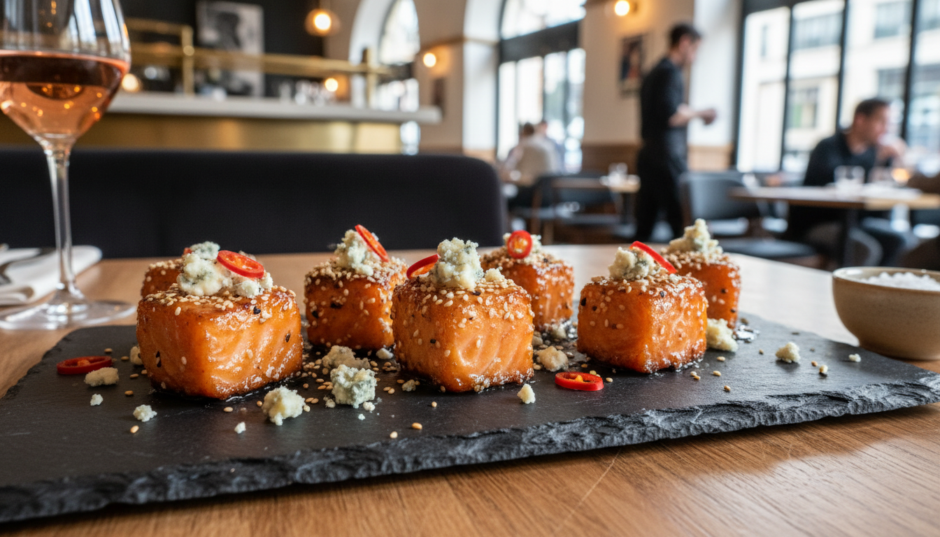découvrez une recette gourmande de délices de saumon caramélisé au soja et au fromage bleu, alliant saveurs sucrées et salées pour un plat savoureux et original.