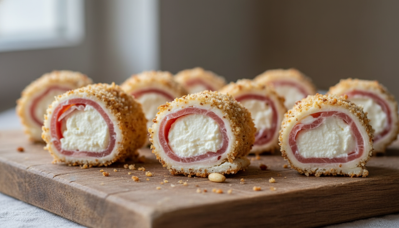 savourez nos délices enroulés alliant jambon de parme, fromage frais onctueux et chapelure croquante aux pignons de pin, pour une explosion de saveurs et de textures.