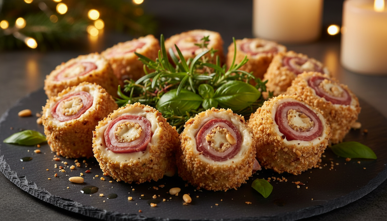 découvrez des délices enroulés alliant le jambon de parme savoureux, le fromage frais onctueux et le croquant irrésistible de chapelure aux pignons de pin pour une expérience gourmande unique.
