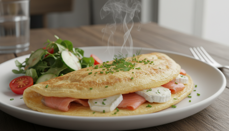 découvrez notre recette gourmande d'omelette au saumon fumé et fromage de chèvre, facile à préparer et parfaite pour un repas savoureux et rapide.