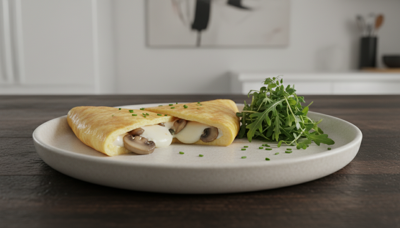 savourez une délicieuse omelette moelleuse aux champignons frais et fromage crémeux, parfaite pour un repas simple et gourmand.