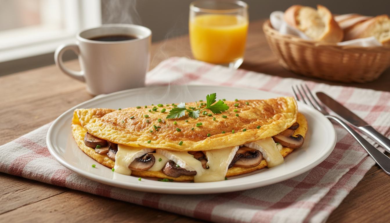 savourez une délicieuse omelette moelleuse garnie de champignons frais et de fromage crémeux, parfaite pour un repas rapide et gourmand.