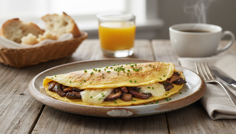 savourez une délicieuse omelette moelleuse garnie de champignons frais et de fromage crémeux, parfaite pour un repas gourmand et réconfortant.