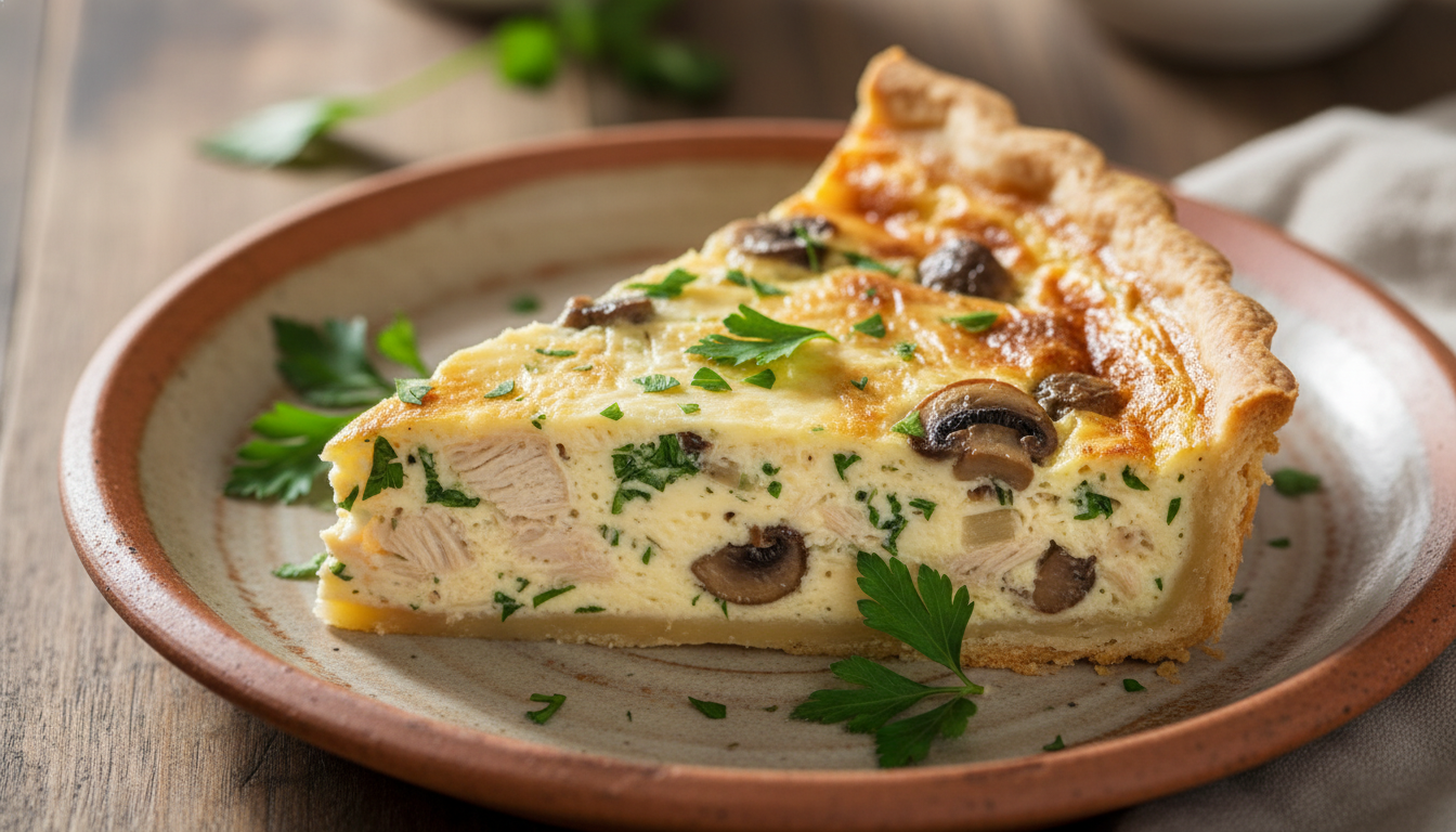 découvrez une quiche légère et savoureuse au poulet tendre, champignons frais et persil aromatique, parfaite pour un repas équilibré et gourmand.