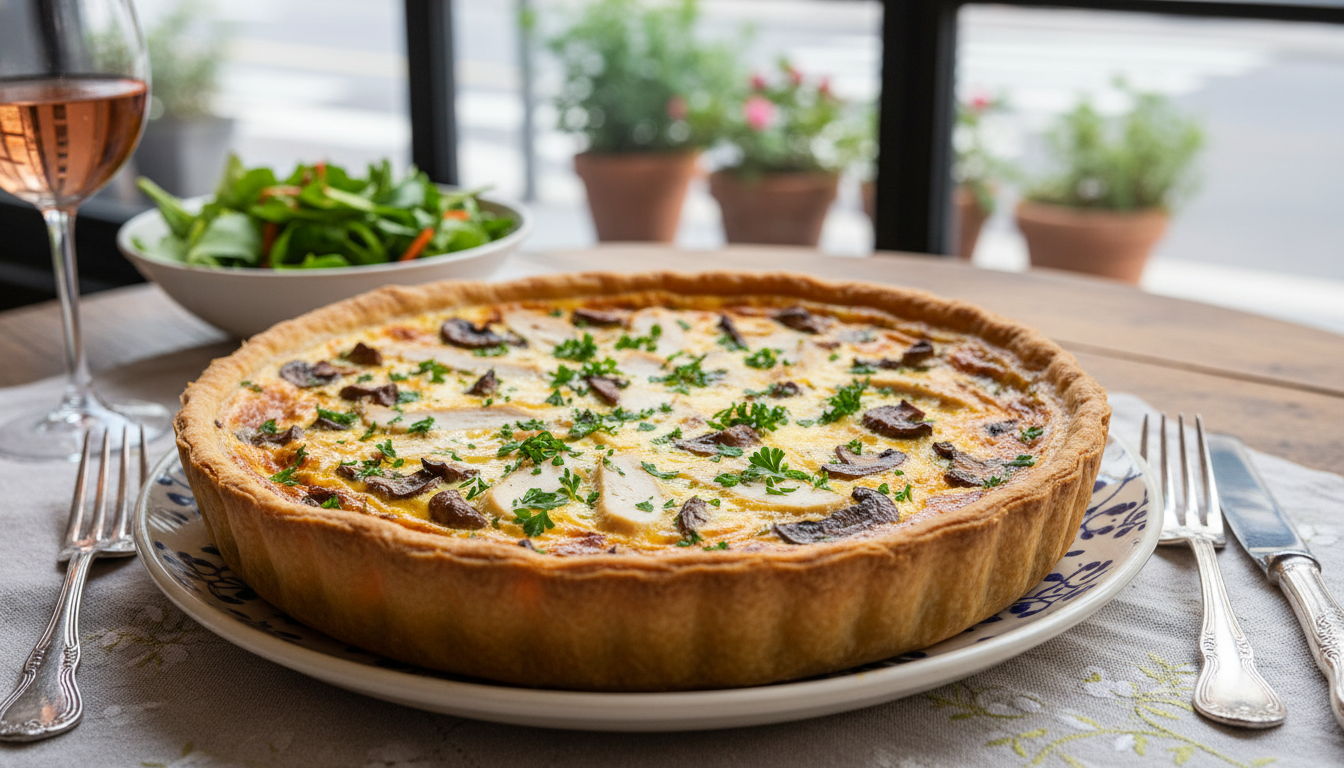 découvrez notre recette de quiche légère au poulet, champignons frais et persil parfumé, une délicieuse préparation savoureuse et équilibrée idéale pour un repas gourmand.