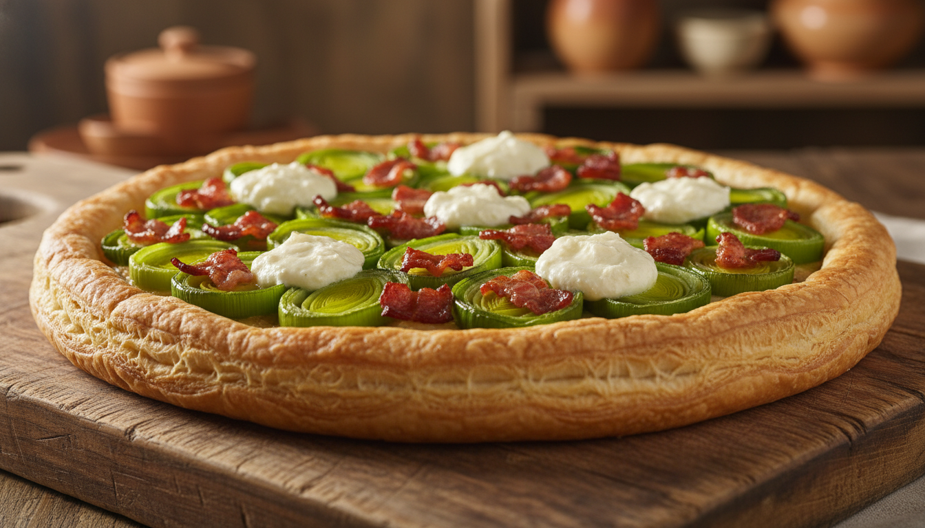 découvrez notre délicieuse tarte aux poireaux, garnie de lardons croustillants et de fromage frais onctueux, parfaite pour un repas savoureux et réconfortant.
