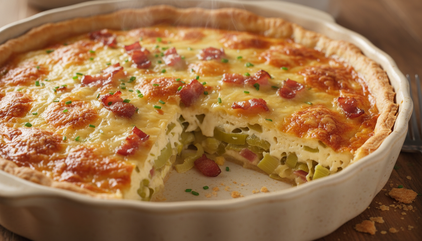 découvrez une délicieuse tarte aux poireaux, garnie de lardons croustillants et de fromage frais onctueux, parfaite pour un repas savoureux et gourmand.