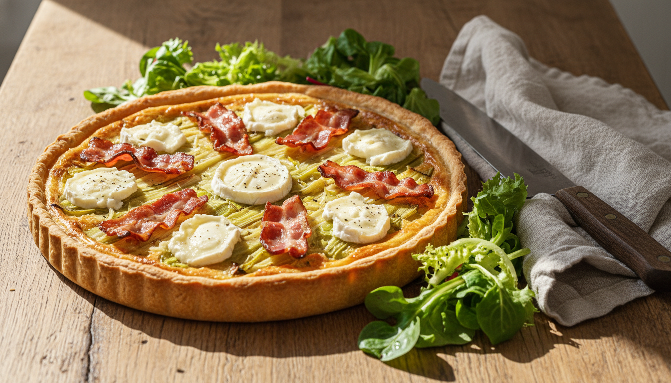 savourez une délicieuse tarte aux poireaux fondants, lardons croustillants et fromage frais onctueux, parfaite pour un repas gourmand et réconfortant.