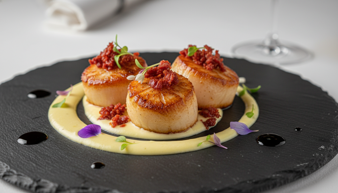 découvrez une recette savoureuse de noix de saint-jacques parfumées au chorizo, sublimées par l'onctuosité du fromage frais, pour un plat délicieusement gourmand et plein de saveurs.