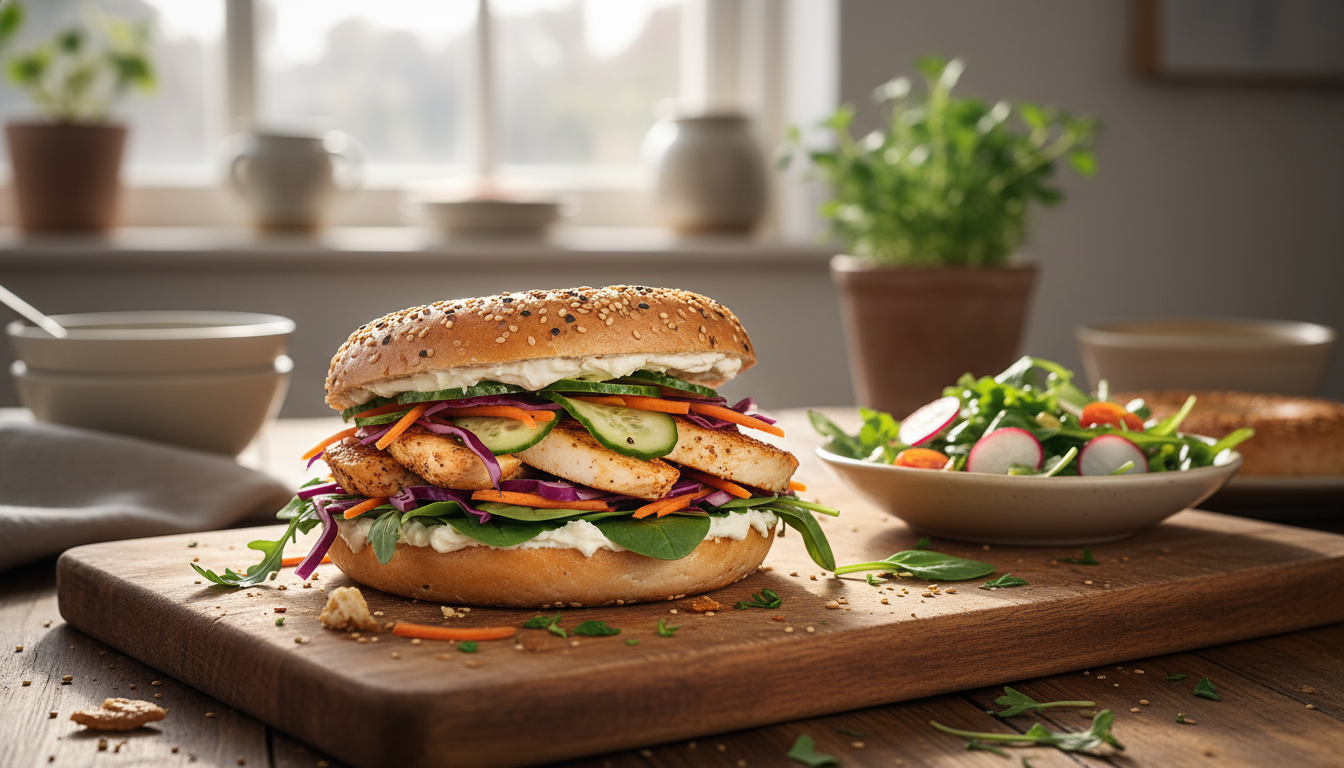 découvrez une recette facile et savoureuse de bagel au poulet, légumes croquants et fromage frais, parfaite pour un repas gourmand et équilibré.