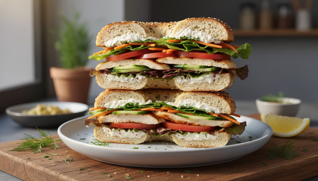 découvrez une recette facile et savoureuse de bagel au poulet, légumes croquants et fromage frais, parfaite pour un repas gourmand et équilibré.