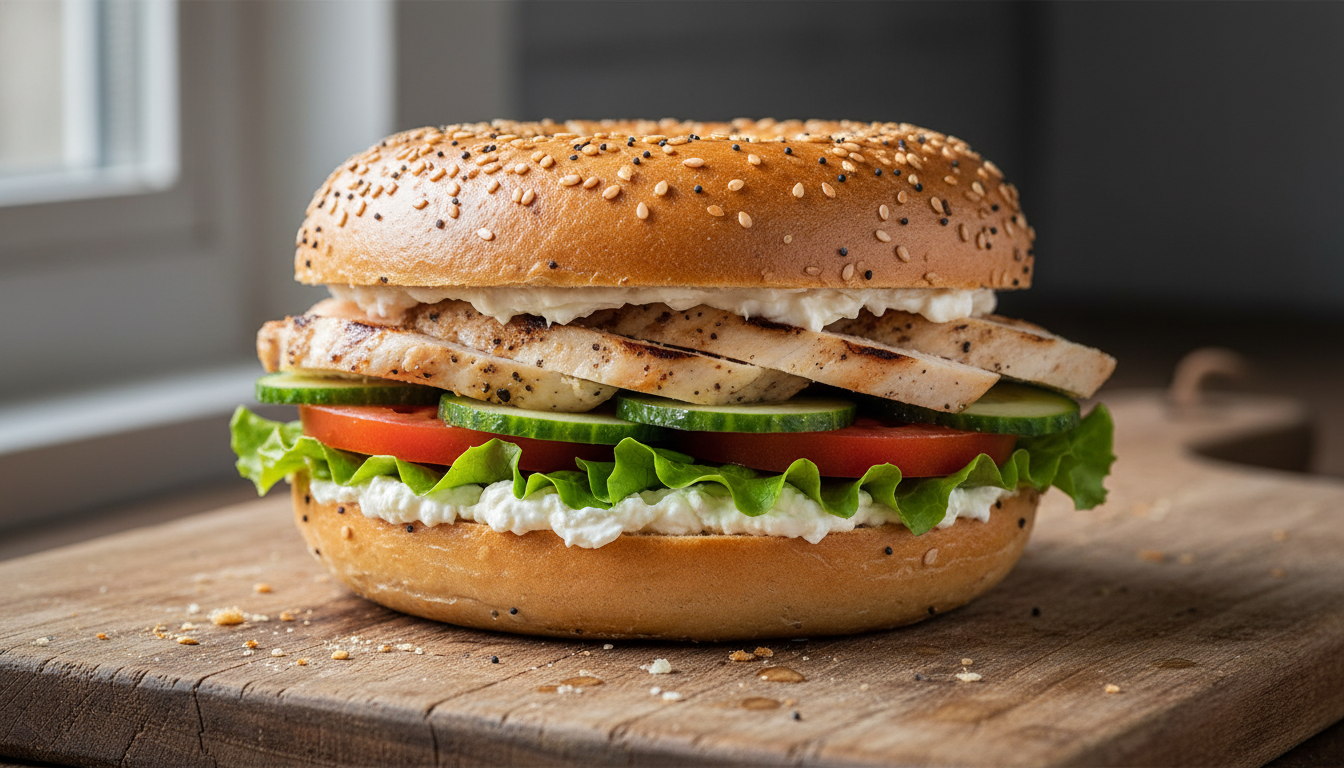 découvrez une recette facile et savoureuse de bagel au poulet, garni de légumes croquants et de fromage frais, parfaite pour un repas gourmand et rapide.